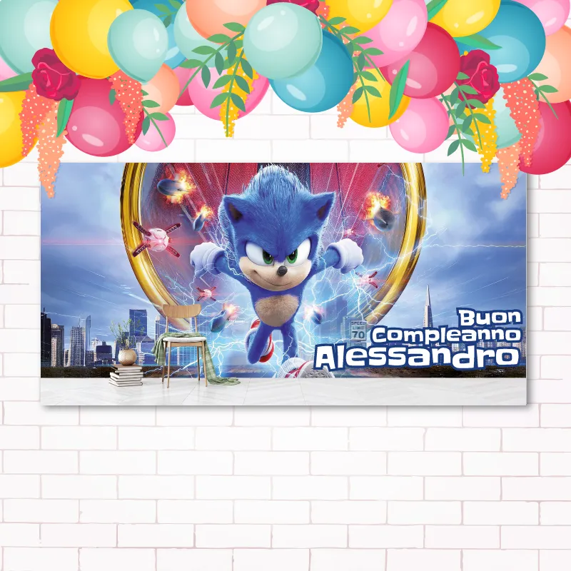 Striscione Buon Compleanno - Sonic (100 x 100 cm, Carta Patinata Opaca 120gr)