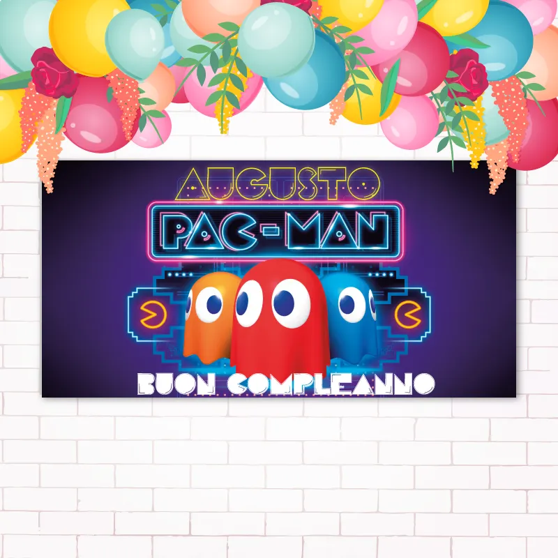 Striscione Buon Compleanno - PacMan (100 x 100 cm, Carta Patinata Opaca 120gr)