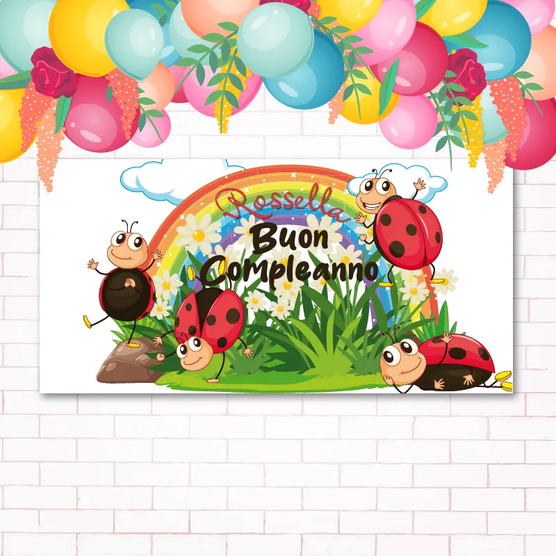 Striscione Buon Compleanno - Coccinelle Cartoon (100 x 100 cm, Carta Patinata Opaca 120gr)