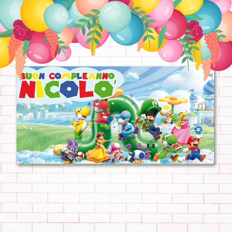 Striscione Buon Compleanno - Super Mario (100 x 100 cm, Carta Patinata Opaca 120gr)