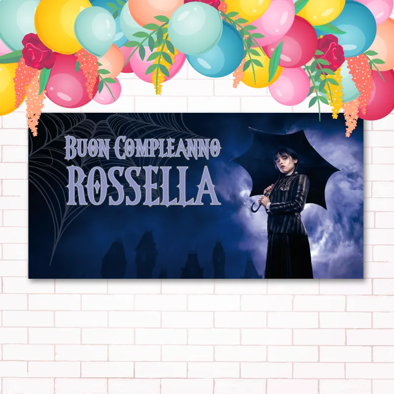 Striscione Buon Compleanno - Mercoledì Addams (100 x 100 cm, Carta Patinata Opaca 120gr)
